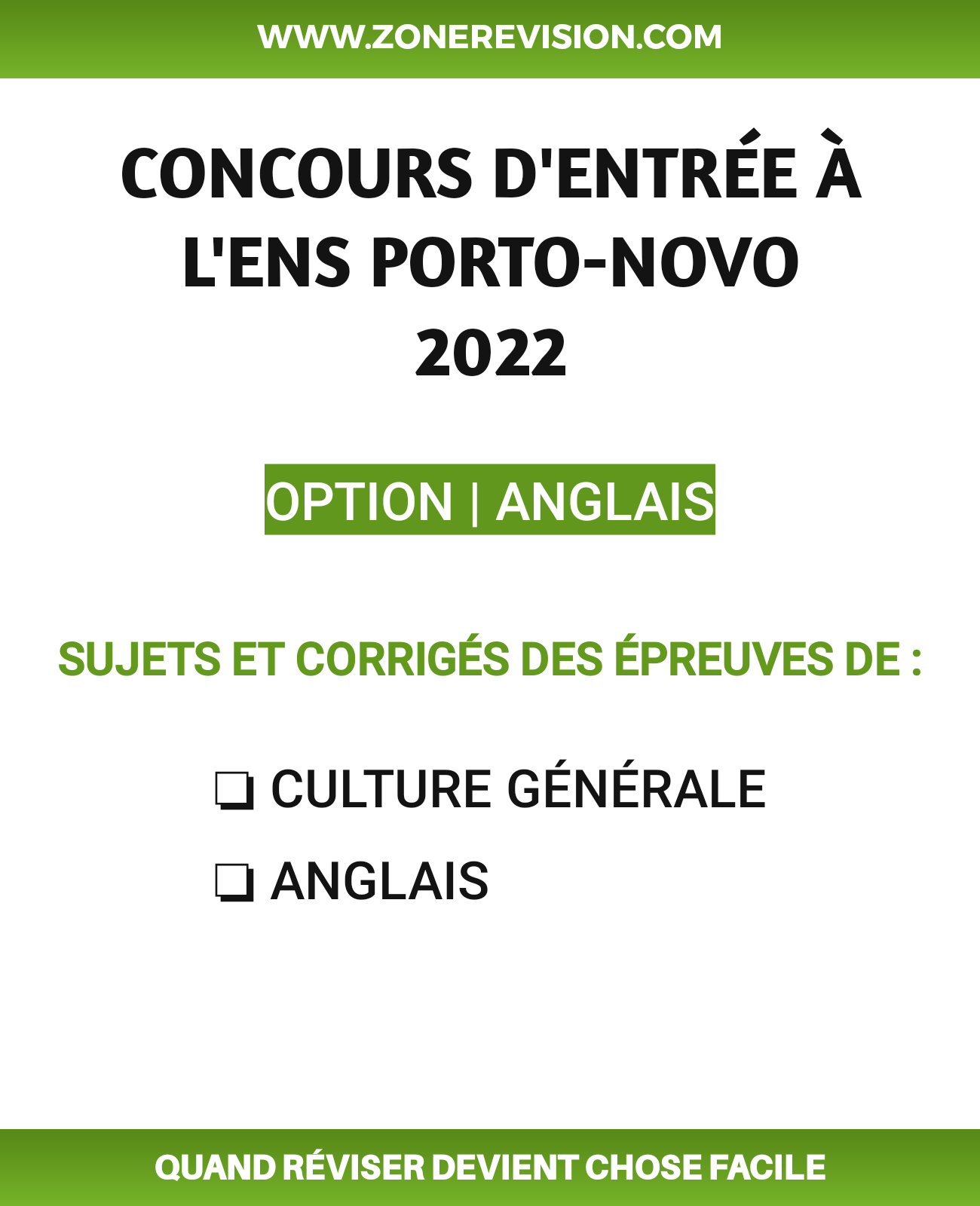 Aperçu de CONCOURS D'ENTRÉE ENS PORTO-NOVO 2022 OPTION : ANGLAIS 2 ÉPREUVES & CORRIGÉS