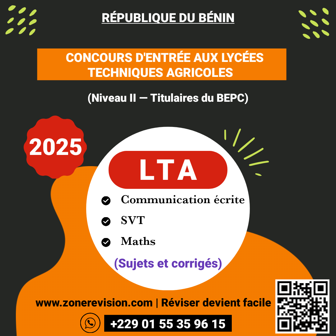 Aperçu de Entrée aux Lycées Techniques Agricoles 2025 (Niveau 2 - BEPC) Comm. écrite, SVT et Maths (Corrigés)