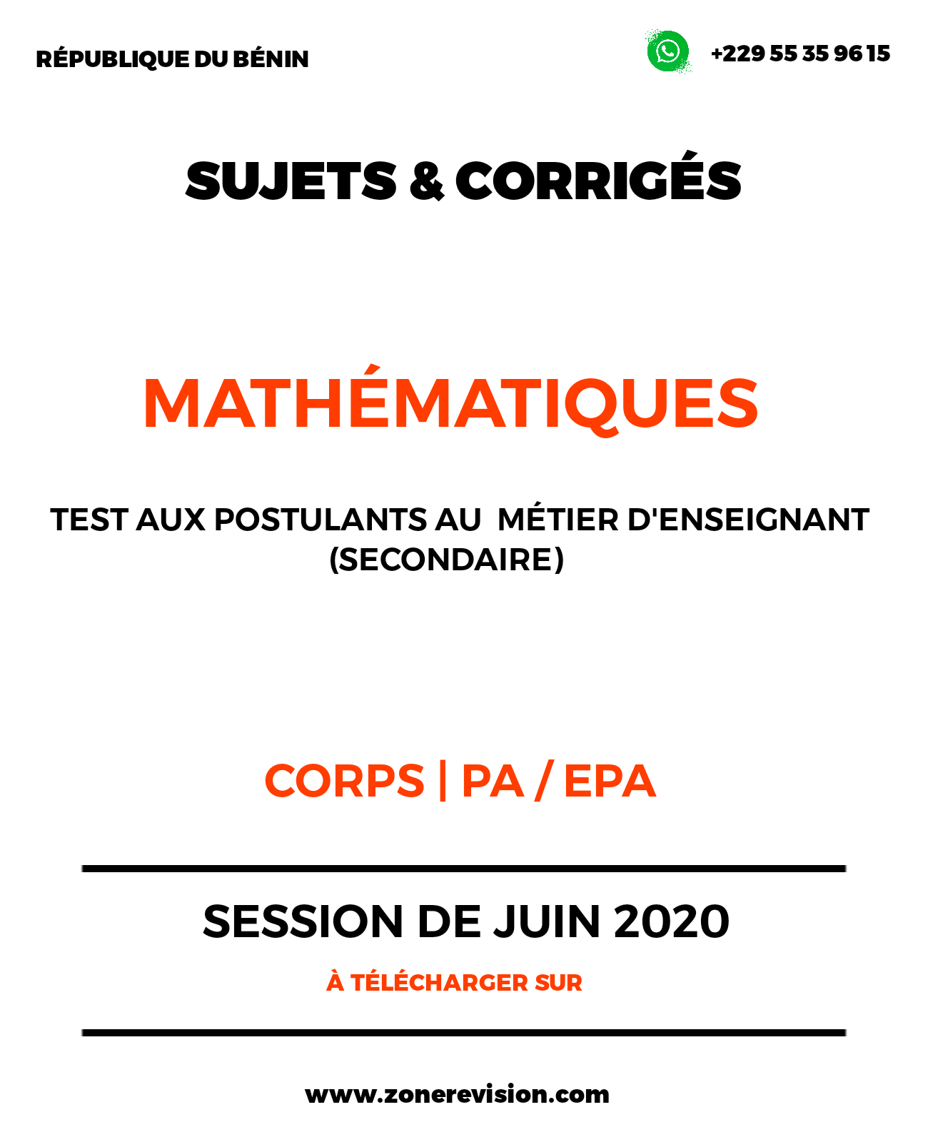 Aperçu de SUJET & CORRIGÉ DE L'ÉPREUVE DE MATHÉMATIQUES A.M.E DU SECONDAIRE JUIN 2020 CORPS | PA-EPA