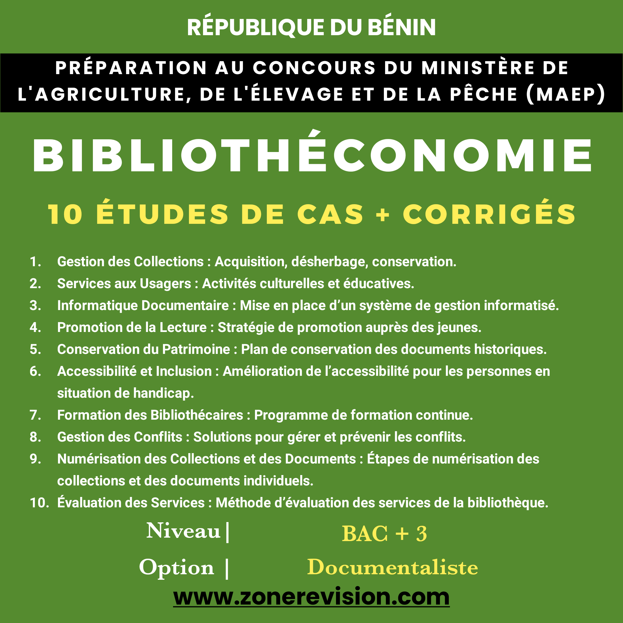 Aperçu de Bibliothéconomie 10 Études de cas + Corrigés  Niveau : BAC + 3  Option : Documentaliste