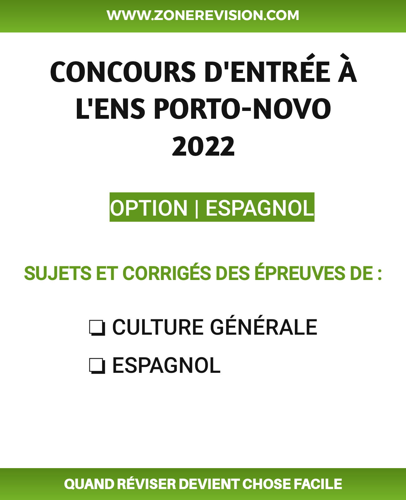 Aperçu de CONCOURS D'ENTRÉE À L'ENS PORTO-NOVO 2022  | OPTION | ESPAGNOL  |  2 ÉPREUVES ET 2 CORRIGÉS